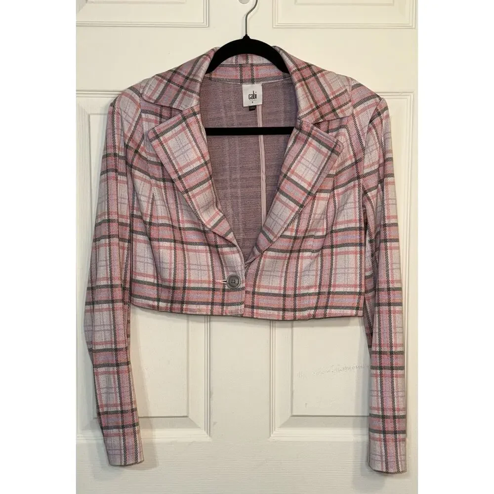 Cabi Playdate Plaid Pink Cropped Blazer Jacket Size Small #6257 Soft Stretch - Picture 5 of 8
